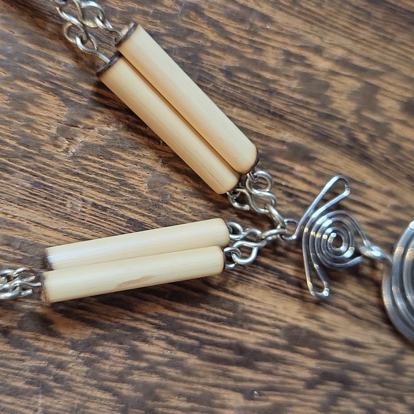 Peruvian Bamboo Tube Bead & Silver Tone Metal Work Jasper Stone Pendant Necklace - Picture 7 of 12